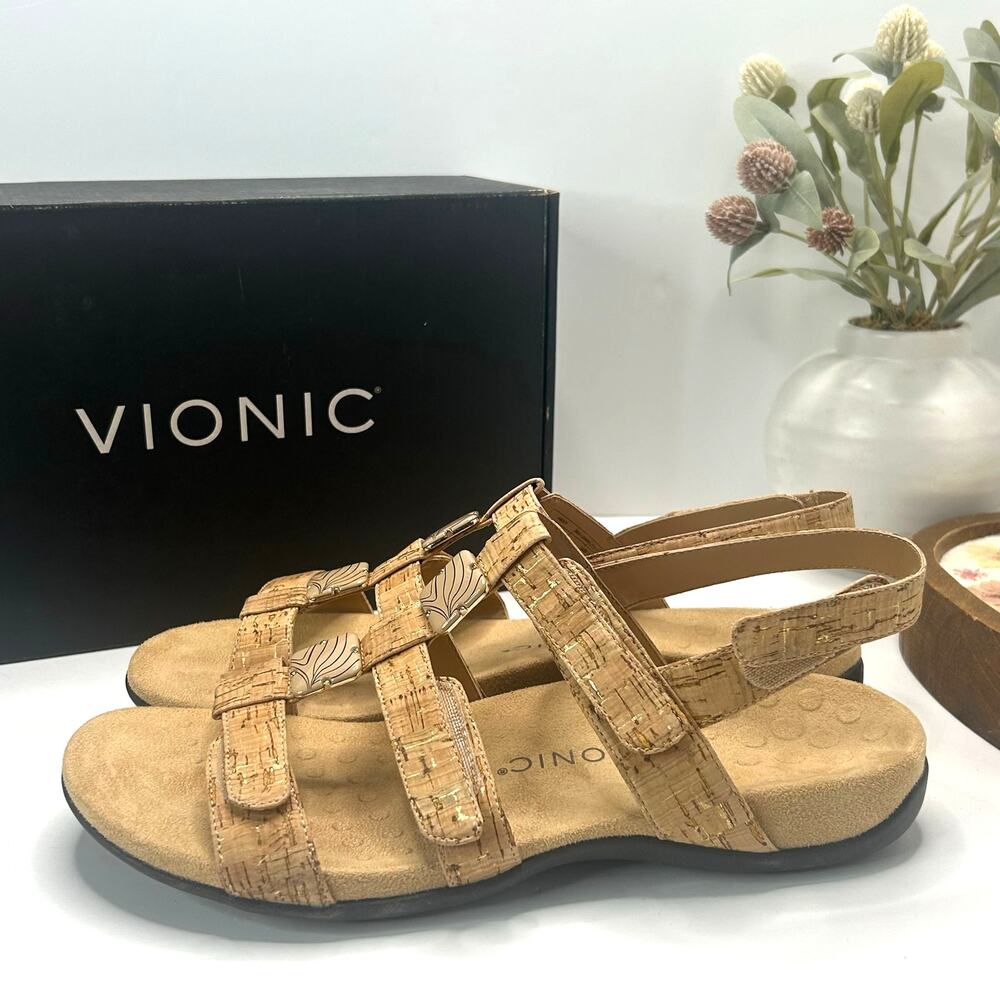 Vionic Amber Strappy Comfort Sandal Gold/Tan Women 12 M NWB Adjustable Straps